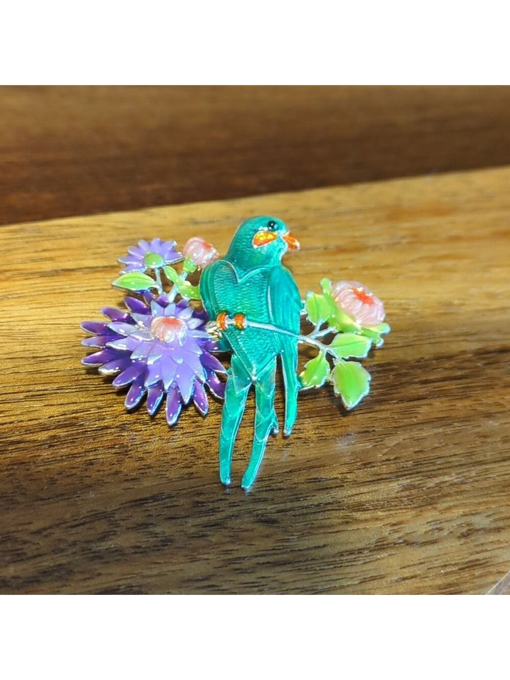 Vintage MJ Enamel‎ Stamped Gold Parrot Brooch Tropical Bird Pin